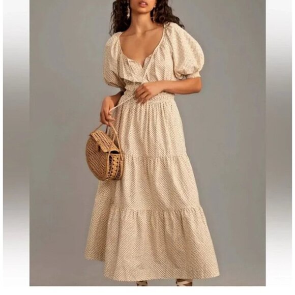 Anthropologie Somerset Maxi Dress Puff-Sleeve Tiered Large  Neutral Polka Dot L - Picture 1 of 1
